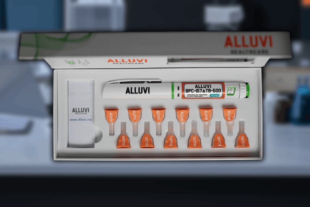 Alluvi BPC-157 and TB-500 kit open with pen and needles